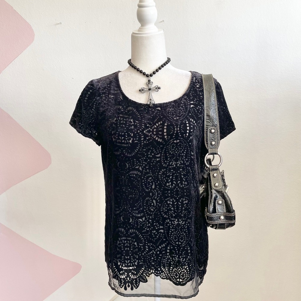 Black Velvet Burnout Top Mesh Grunge Witchy Gothic Whimsigoth‎ Small